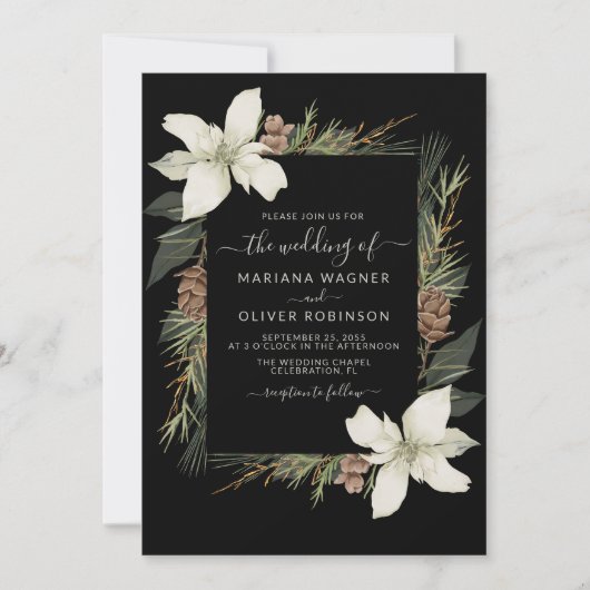 Winter Zwart-wit Elegant Script Bruiloft Kaart (Voorkant)