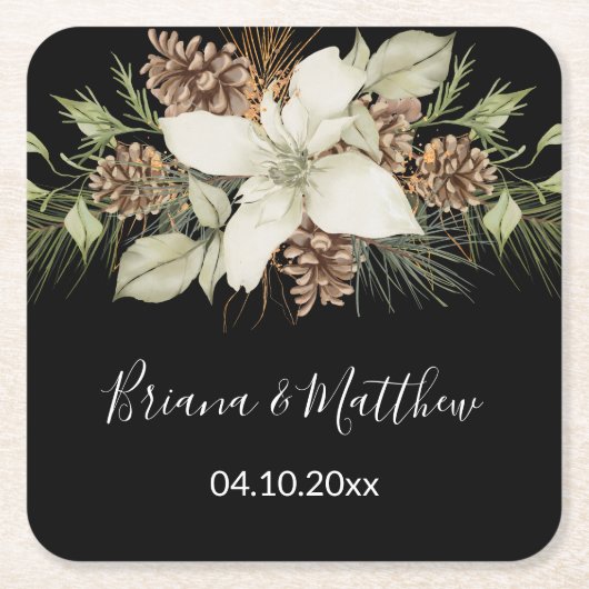 Winter Zwart-wit Elegant Script Bruiloft Kartonnen Onderzetters (Voorkant)