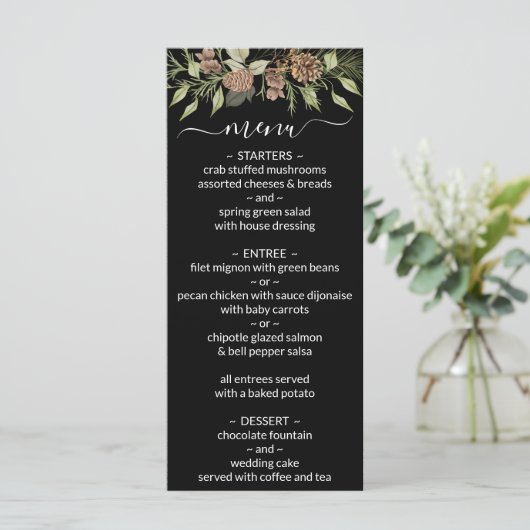 Winter Zwart-wit Elegant Script Bruiloft Menu (Staand voorkant)
