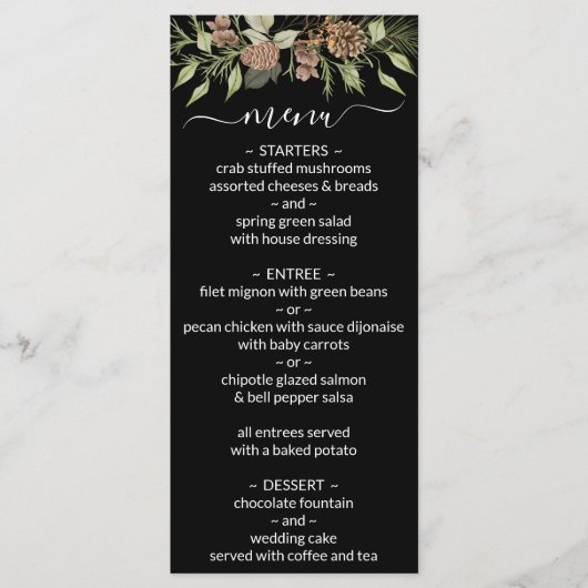 Winter Zwart-wit Elegant Script Bruiloft Menu (Voorkant)