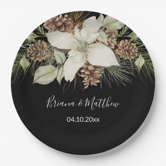 Winter Zwart-wit Elegant Script Bruiloft Papieren Bordje (Voorkant)