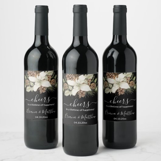 Winter Zwart-wit Elegant Script Bruiloft Wijn Etiket (Flessen)
