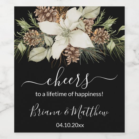 Winter Zwart-wit Elegant Script Bruiloft Wijn Etiket (Enkel label)