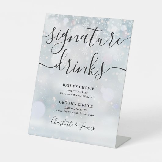 Winter Zwarte Script Trouw Signature Dranken Reclamebord Met Voetstuk (Voorkant)