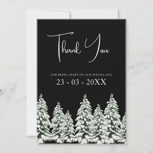 Winter Zwarte Sneeuw Kerstbomen bruiloft Bedankkaart (Voorkant)