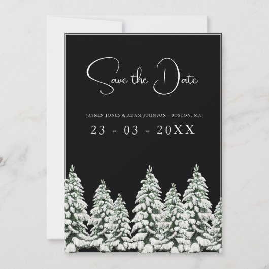 Winter Zwarte Sneeuw Kerstbomen bruiloft Save The Date (Voorkant)