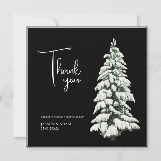 Winter Zwarte Sneeuw Kerstboom bruiloft Bedankkaart (Voorkant)