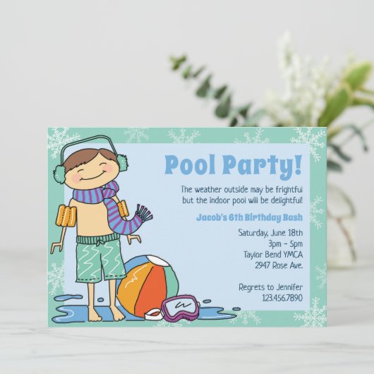 Winter Zwembad Party Brunette Haar Jongen Binnen Z Kaart (Staand voorkant)