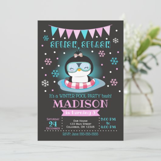Winter zwembad party verjaardagsuitnodiging / Peng Kaart (Staand voorkant)
