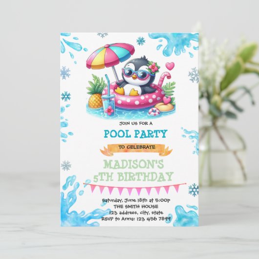 Winter zwembad pinguïn party uitnodiging (Staand voorkant)