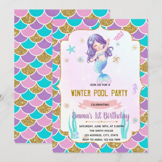 Winter zwembad zeemeermin thema uitnodiging (Voorkant / Achterkant)