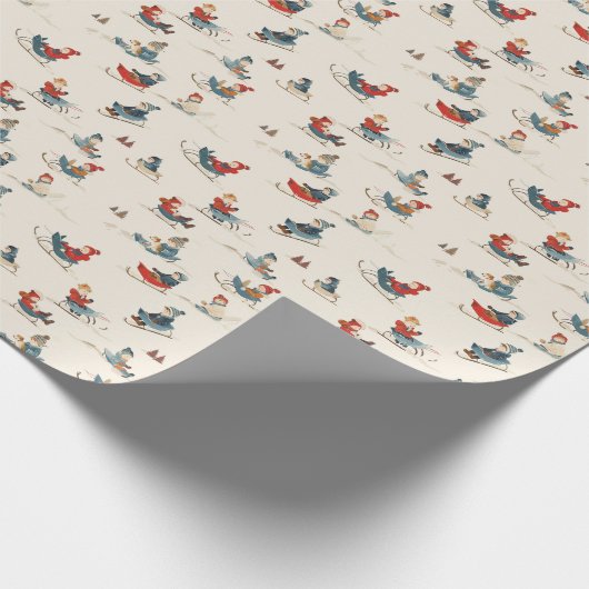 Winterachtergrond van kinderen op sleeën cadeaupapier (Hoek)