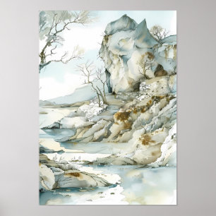 Winterachtig klifpad met kale bomen poster