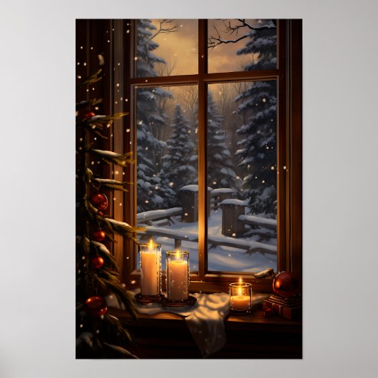 Winteravond met een warm kaarslicht raam poster (Voorkant)