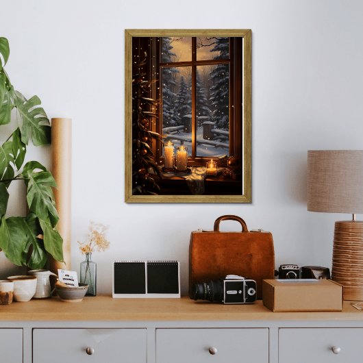 Winteravond met een warm kaarslicht raam poster