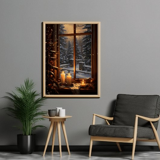 Winteravond met een warm kaarslicht raam poster