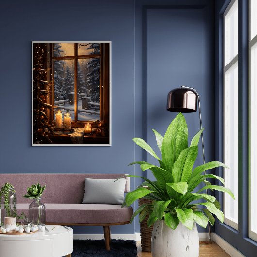 Winteravond met een warm kaarslicht raam poster