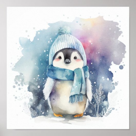 WinterBaby Pinguïn waterverf crèche-decor-druk Poster (Voorkant)