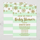 WinterBaby shower Mint Stripes Gold Snowflakes Kaart (Voorkant / Achterkant)