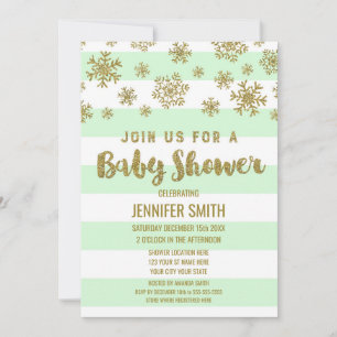 WinterBaby shower Mint Stripes Gold Snowflakes Kaart