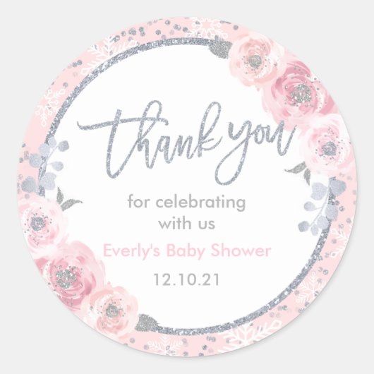 WinterBaby shower Roze en Zilver Snowflake Favor Ronde Sticker (Voorkant)