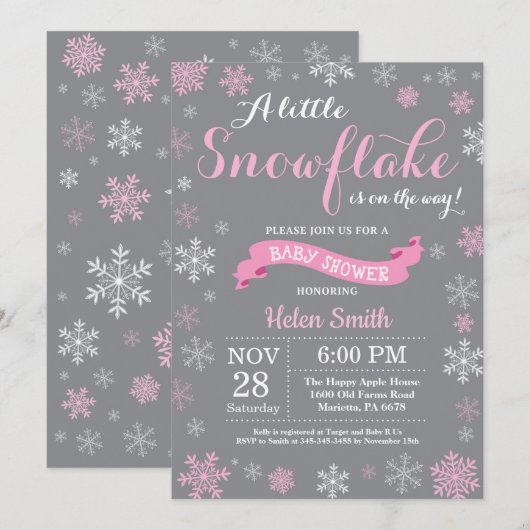 WinterBaby shower Roze witte en grijze sneeuwvlok Kaart (Voorkant / Achterkant)