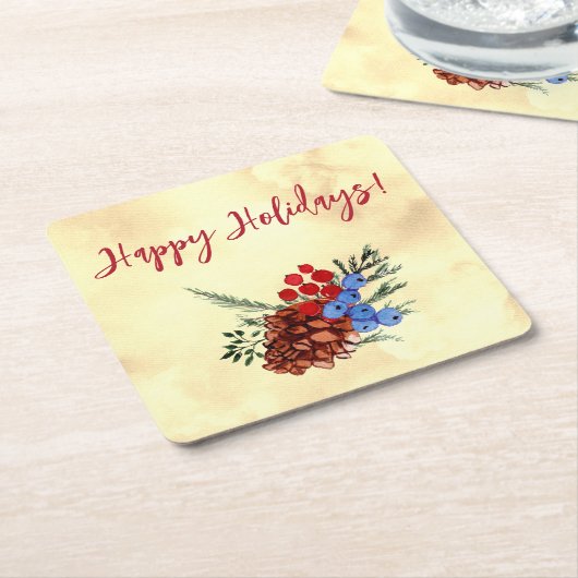 Winterbarries Prettige feestdagen bomen Geel Rood Kartonnen Onderzetters (Schuin)