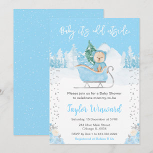Winterbeer Blauwe slee Baby Shower Kaart