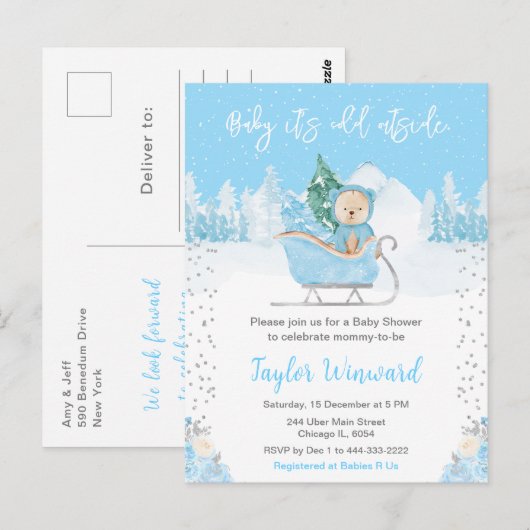 Winterbeer Blauwe slee Babyshower Briefkaart (Voorkant / Achterkant)