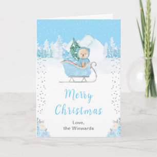 Winterbeer Blauwe slee Kerstmis gefeliciteerd Feestdagen Kaart
