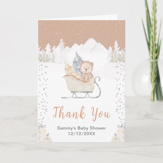 Winterbeer Bruine slee Baby Shower Bedankt (Voorkant)