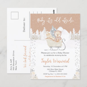 Winterbeer Bruine slee Baby Shower Briefkaart