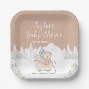 Winterbeer Bruine slee Baby Shower Papieren Bordje