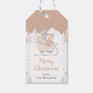 Winterbeer Bruine slee Merry Christmas Cadeaulabel