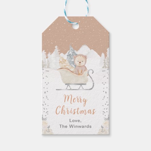 Winterbeer Bruine slee Merry Christmas Cadeaulabel (Voorkant)
