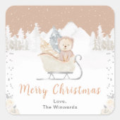 Winterbeer Bruine slee Merry Christmas Vierkante Sticker (Voorkant)