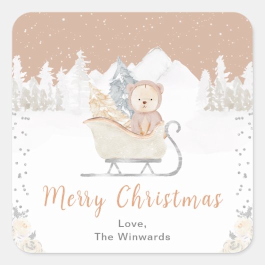 Winterbeer Bruine slee Merry Christmas Vierkante Sticker (Voorkant)