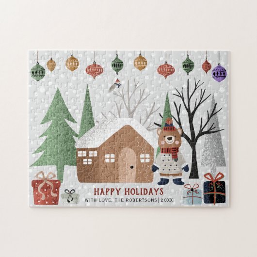 Winterbeer en bomen Prettige feestdagen Kerstmis Legpuzzel (Horizontaal)