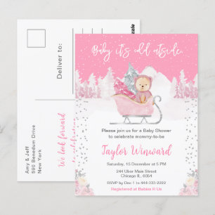 Winterbeer Roze Slede Baby Shower Briefkaart