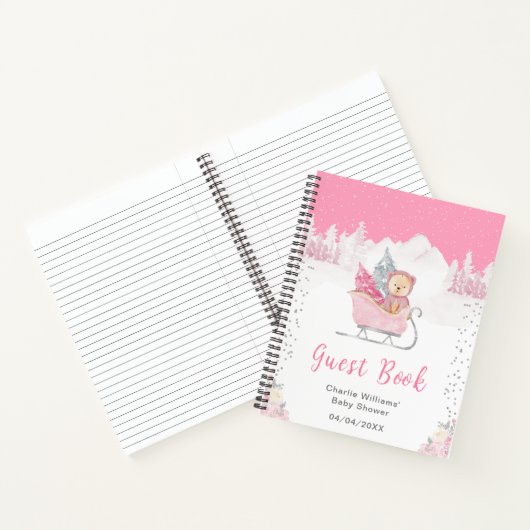 Winterbeer Roze Slede Baby Shower Gastboek Notitieboek (Binnen)