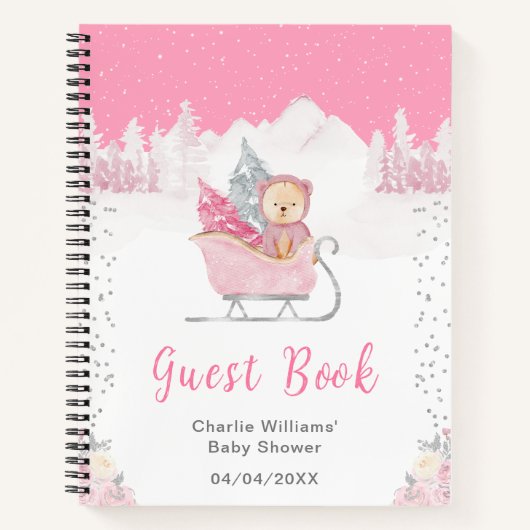 Winterbeer Roze Slede Baby Shower Gastboek Notitieboek (Voorkant)