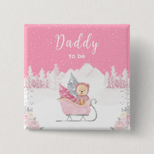 Winterbeer Roze slee Papa te worden Vierkante Button 5,1 Cm