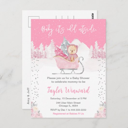 WinterBeer Roze Sleigh Baby shower Briefkaart (Voorkant / Achterkant)