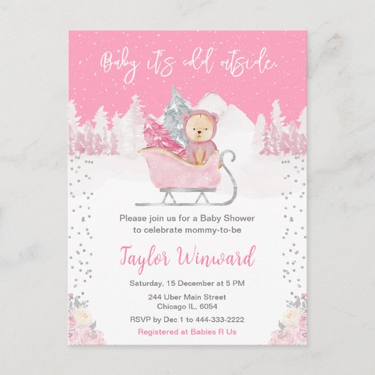 WinterBeer Roze Sleigh Baby shower Briefkaart (Voorkant)