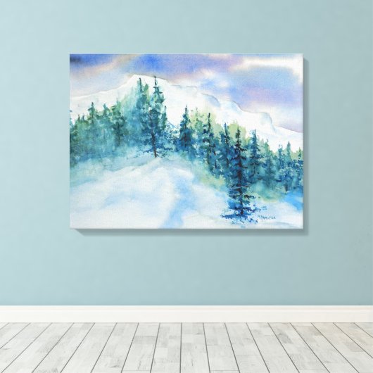 Winterbergen Sneeuwbomen Waterverf Canvas Afdruk (Insitu (Houten vloer))