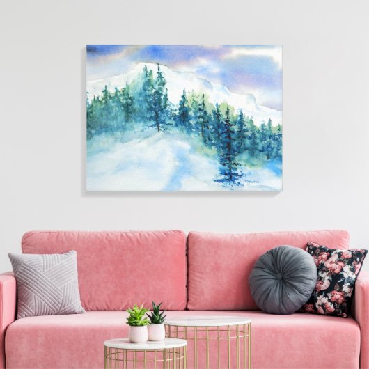Winterbergen Sneeuwbomen Waterverf Canvas Afdruk (Insitu (Woonkamer))