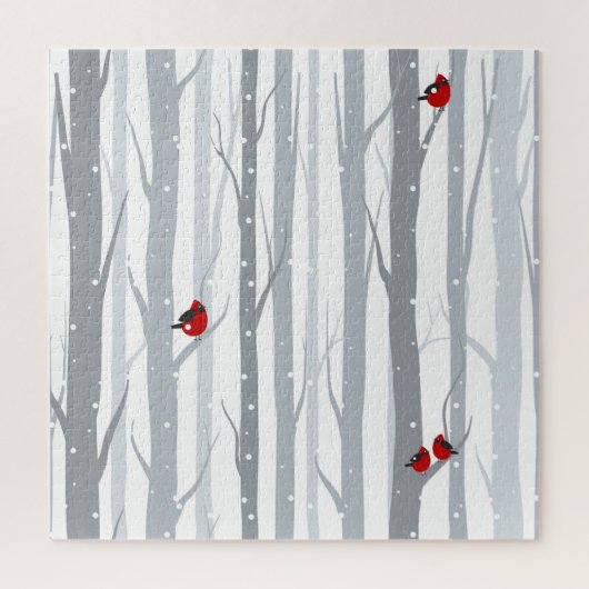Winterberken: grijze bomen, rode vogels legpuzzel (Verticaal)