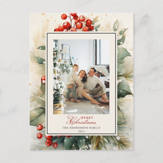 Winterberry Botanische Waterverf Kerstfoto Feestdagenkaart (Voorkant)