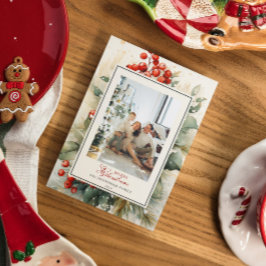 Winterberry Botanische Waterverf Kerstfoto Feestdagenkaart