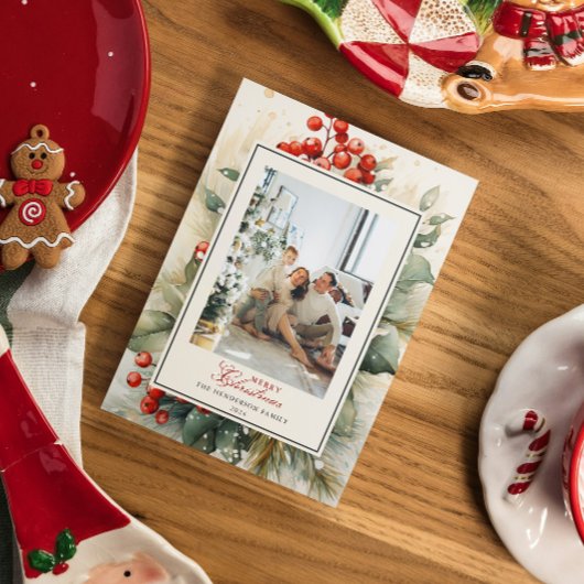 Winterberry Botanische Waterverf Kerstfoto Feestdagenkaart